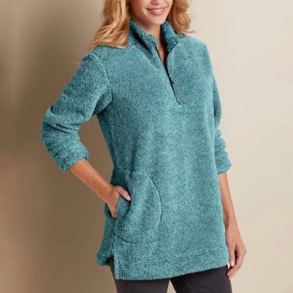 SOFT SURROUNDINGS Luxe Sherpa Fleece Pullover Quarter-Zip Sweatshirt Teal Size L